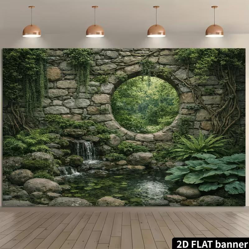 Enchanted Garden Banner with Pond, Mossy Rocks and Vines Photo Booth Background Cloth