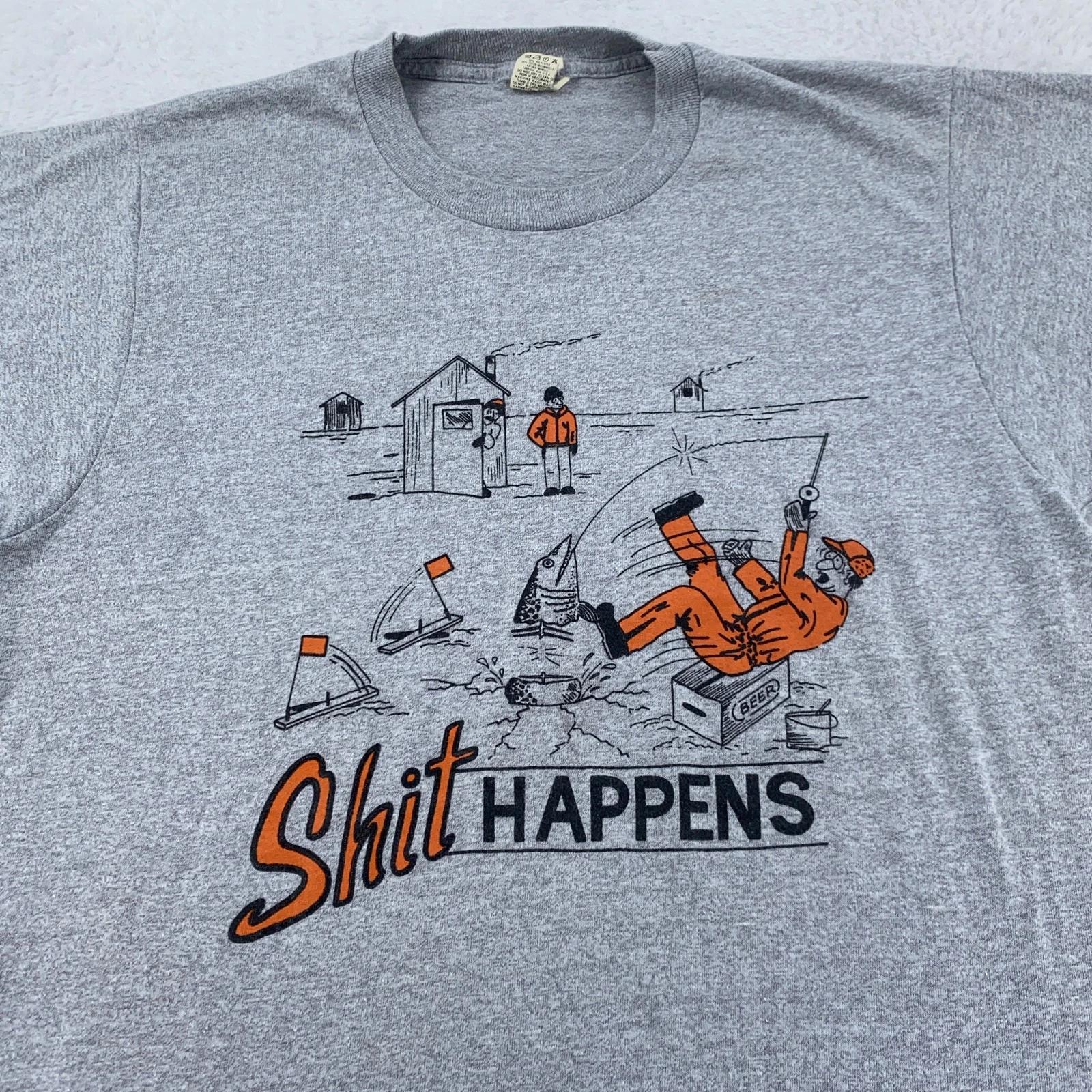 

Vintage Sh!t Happens T-Shirt Mens S/M Ice Fishing Funny Joke Made USA 80s 4XL