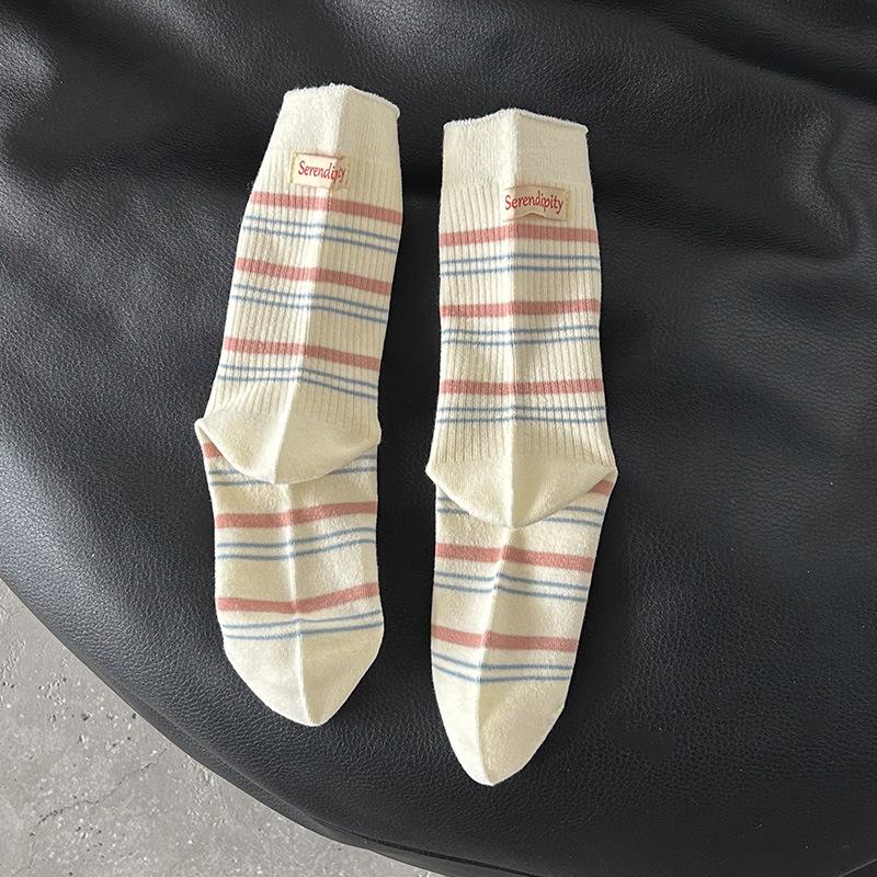 Cartoon Puppy Embroidery Cute Socks Women Autumn and Winter Middle Tube Socks Korean Striped Cotton Knitted Elastic Long Socks