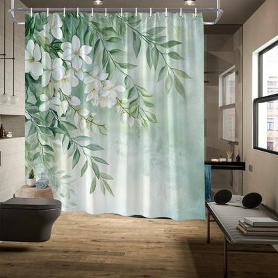 White Flowers & Green Leaves Curtain, Watercolor Design, Soft Yellow Centers, Fade-Resistant, Machine Washable,Bath Decor