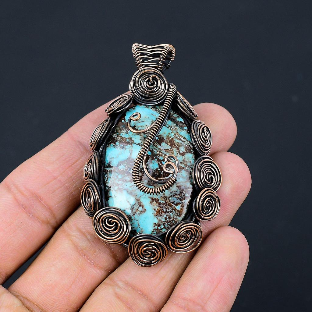 Tibetan Turquoise Gemstone Copper Wire Wrap Handmade Pendant Jewelry Gift For Love