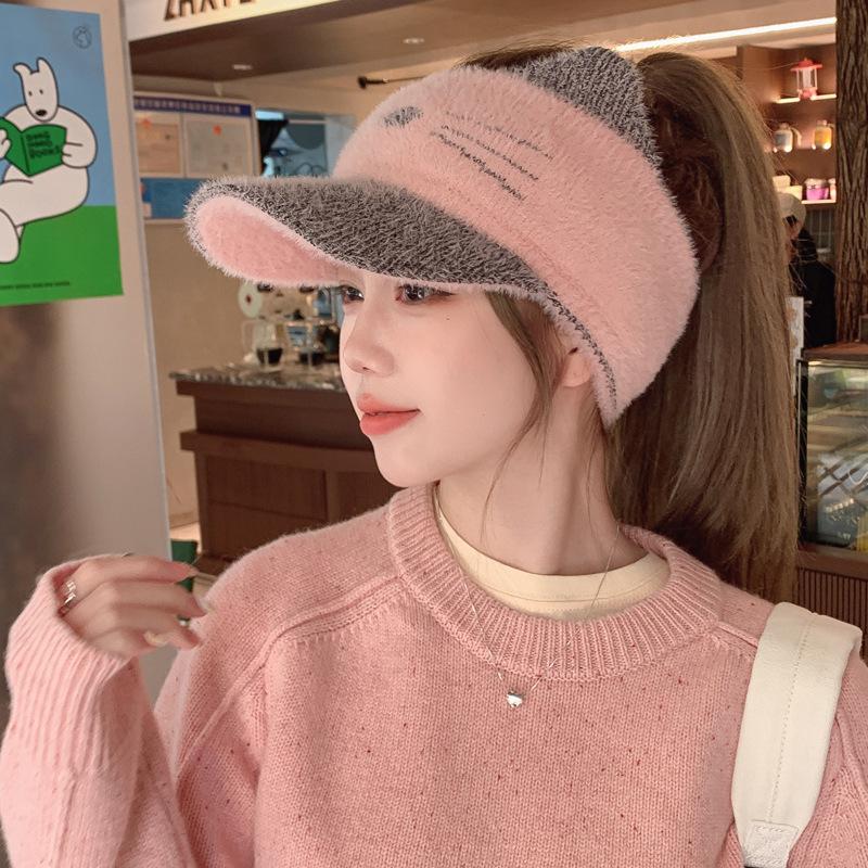 Cute Cat Hat for Women In Autumn and Winter Knitted Wool Hat Korean Style Versatile Warm Imitation Mink Hair Empty Top Baseball Cap