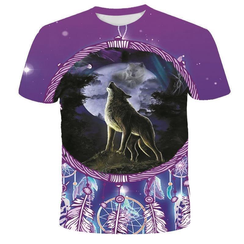 Summer New Wolf Pattern Digital Printed Short Sleeved Men's T-shirt Round Neck Slim Fit Couple Base Shirt