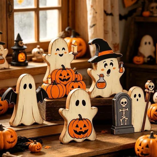 Halloween Ghost Wooden Table Decor Cute Sign, Pumpkin Tombstone Plaque Lightweight Party Supplies for Tiered Tray Decor, Spooky Festive Home Ornament
