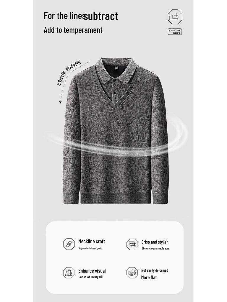 Men's Thick Fleece-Lined Knitwear: Two-Piece Look, Autumn/Winter Style for Middle-Aged & Young Casual Wear.