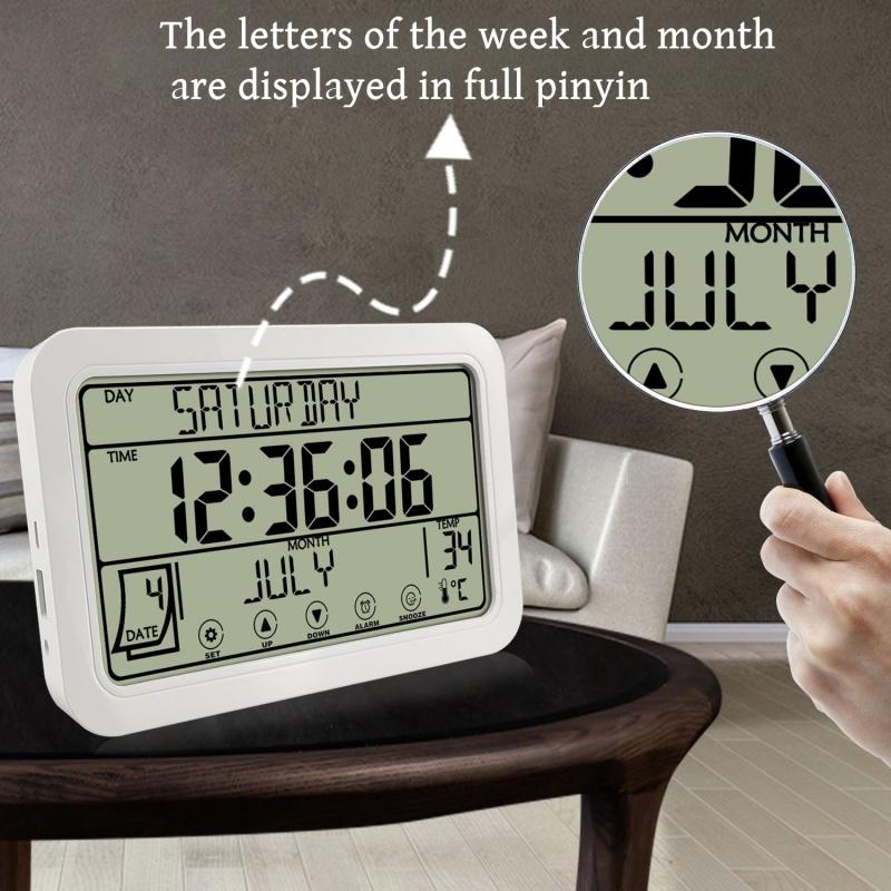 Touchscreen Große digitale Wanduhr Temperatur Datum Woche Schlummerfunktion Batteriebetriebene Tischuhr Doppelalarm 12/24H LCD-Wecker