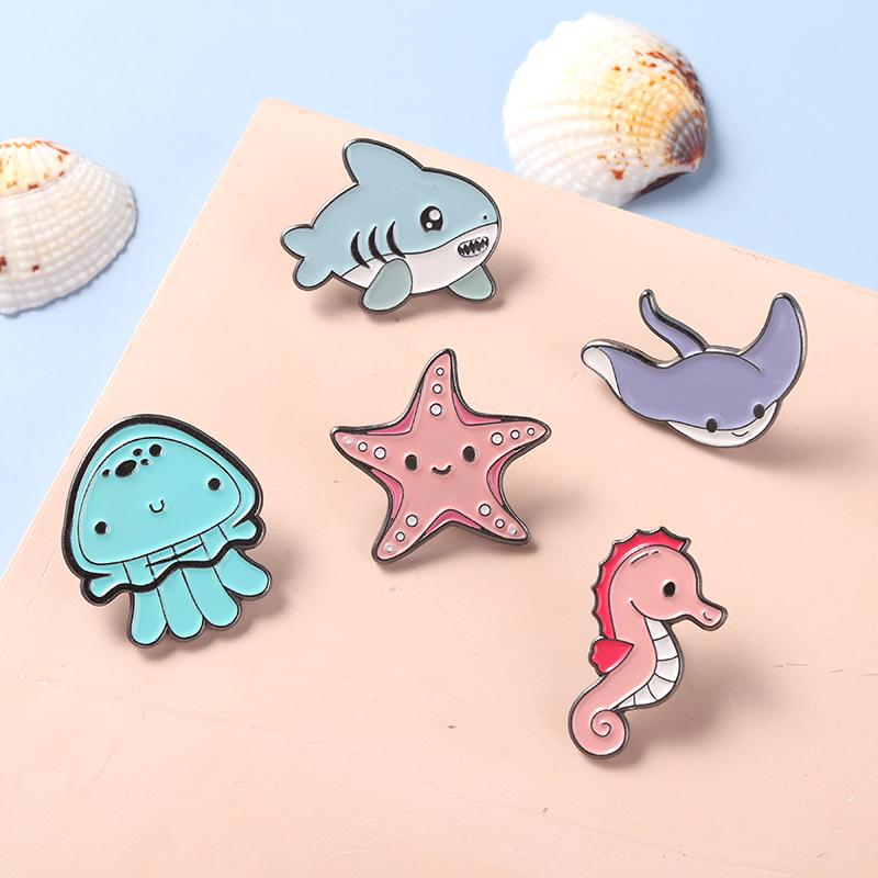 Starfish Shark Octopus Enamel Pins Sea Ocean Animal Brooches Cute Kawaii Cartoon Bag Hat Lapel Pin Badge Gift for Girl Boys