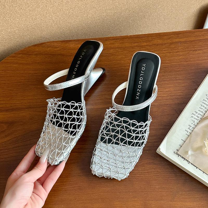 Fashion Niche Fishing Net Woven Hollow Sandals for Women In Summer 2025 New Style with Skirt Block Heel Square Toe Muller Semi-slippers