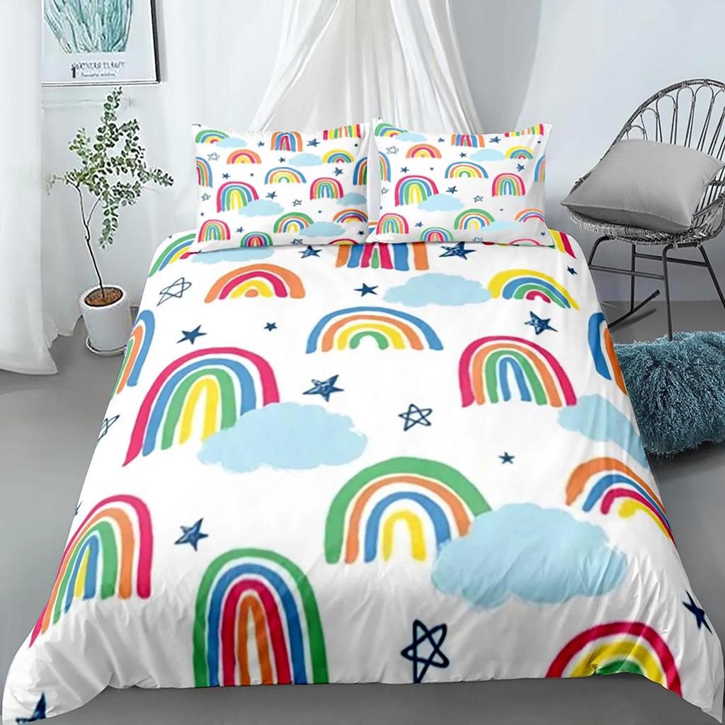 Rainbow Duvet Cover Purple Sky for Girls Women Romantic Gifts Clouds Cartoon Style Quilt Cover Bedroom Decorations Queen Size