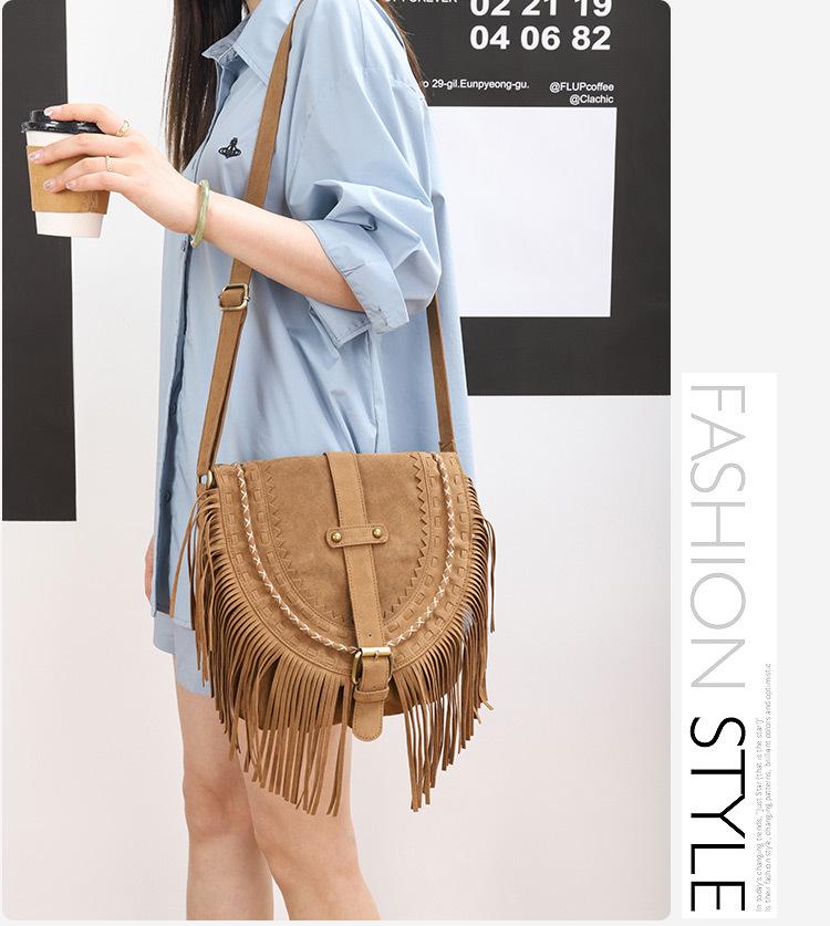 Versatile Ethnic Khaki Xishi Velvet Tassel Crossbody Bag - Women's Retro Style, Large Capacity