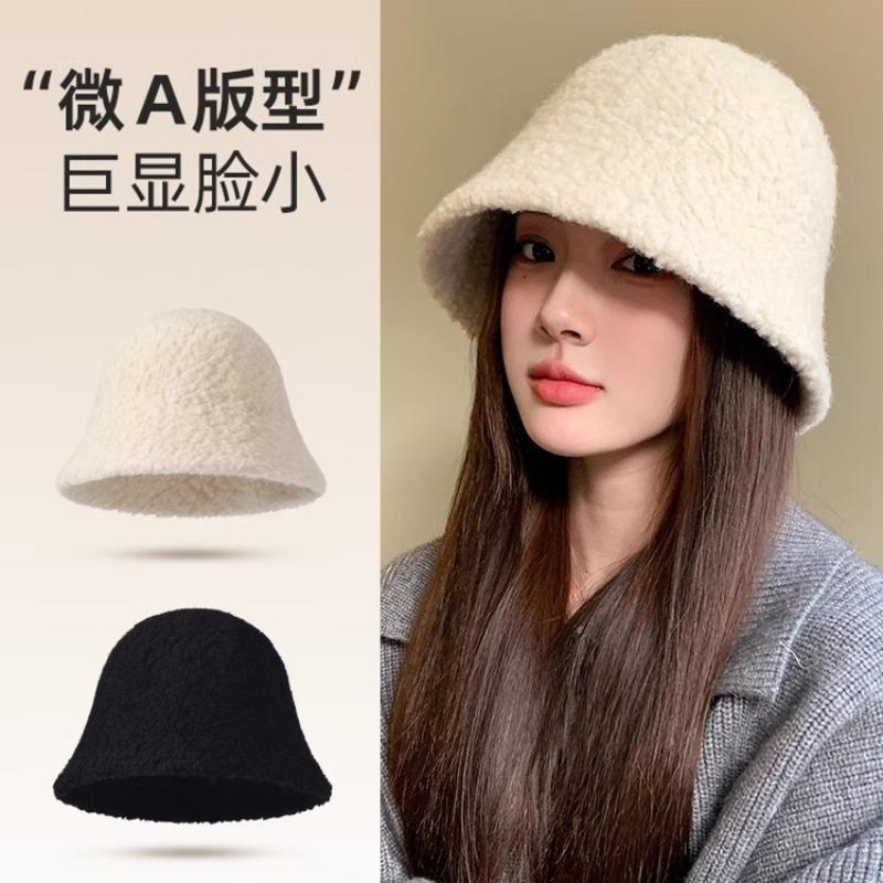 Show face small bucket hat women's autumn and winter new show face small lamb wool bucket basin hat big head circumference hat