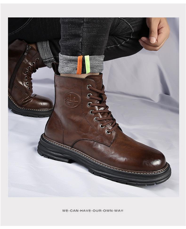 2025 Men's Genuine Leather High Top Martin Boots, Trendy Thick-Soled, Retro British Style, Plus Velvet.