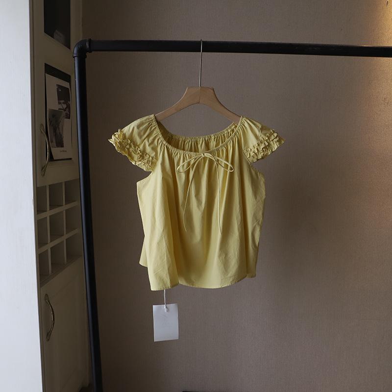 

Bi Zheng 2025 Summer Korean Sweet Lace-Up Doll Shirt for Women, Short Sleeve One Size лимон