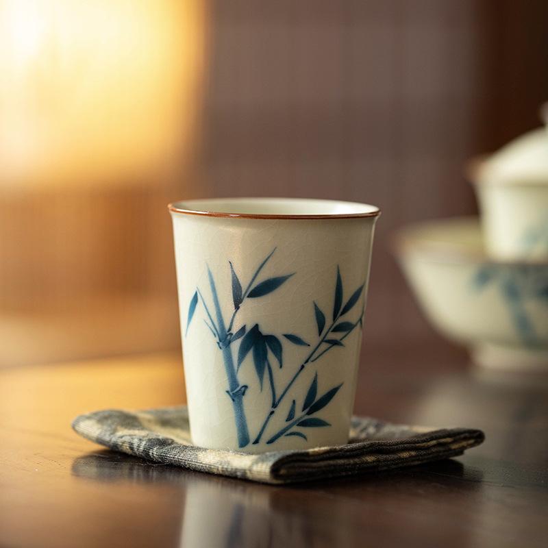Huang Ru Kiln pure hand-painted bamboo teacup master cup ceramic high-end tea teapot cover bowl tea cup kung fu tea set