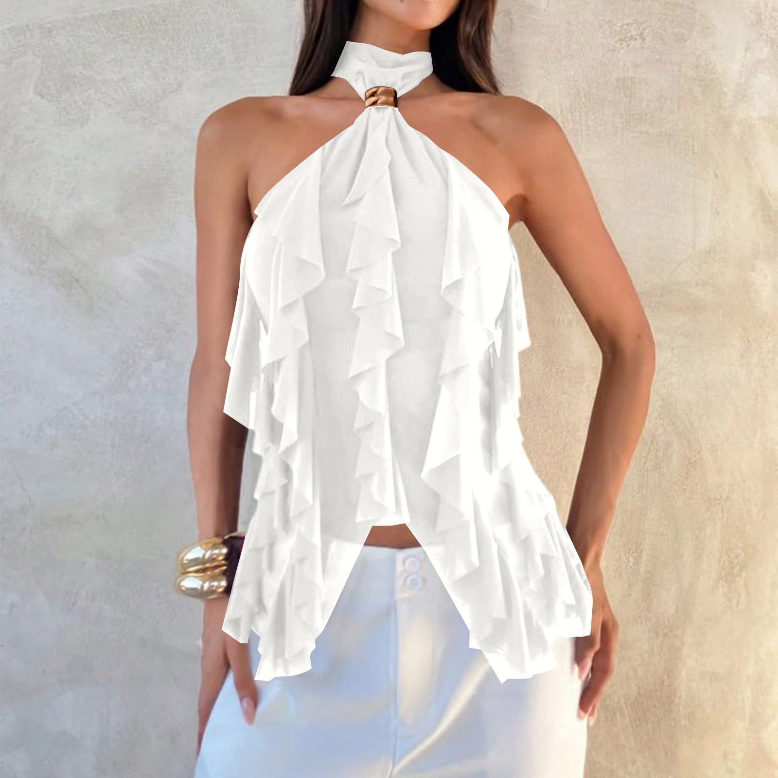 

Women Sleeveless Halter Neck Ruffle Layered Backless Top Casual Summer Blouse Lightweight Soft Fabric M білий