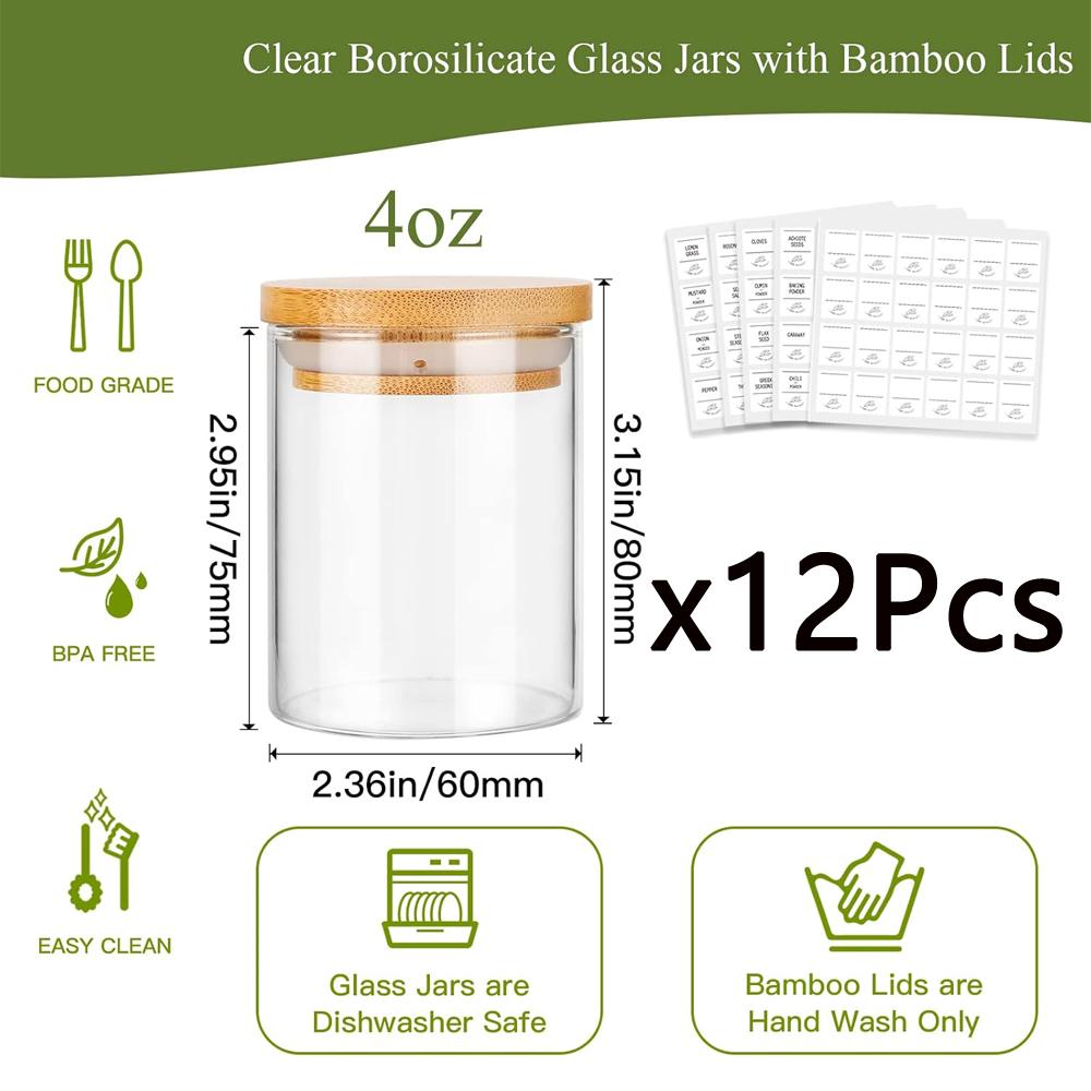 

Стеклянные баночки для специй 4 унции с бамбуковыми крышками Прозрачные боросиликатные стеклянные контейнеры для хранения продуктов с деревянными герметичными крышками, цилиндрическое стекло