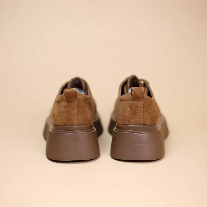 Φθινόπωρο 2025 Γυναικεία Μόδα Παχύσολα Δερμάτινα Μοκασίνια με Κορδόνια και Μπαλώματα, Στρογγυλή Μύτη, Αυξητικού Ύψους