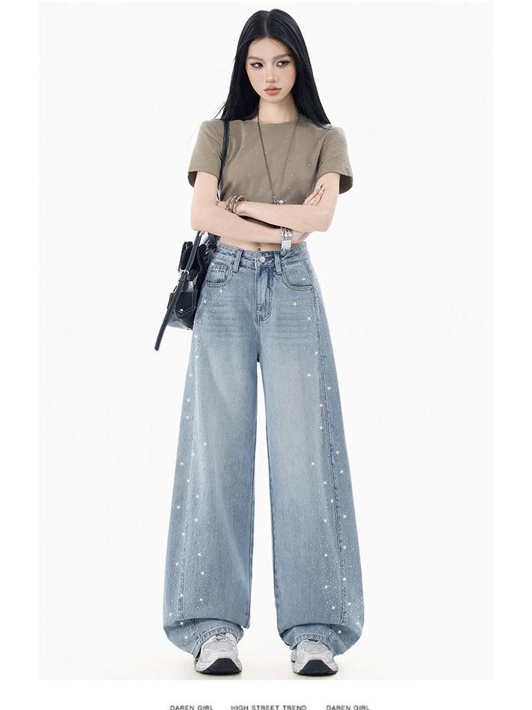 2026 Women's Rhinestone Wide-Leg Jeans: Loose, Slimming, High-End Floor-Length with Concealing Design for Spring/Autumn
