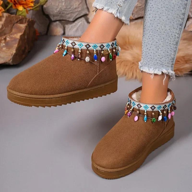 Fashion Winter Cotton Shoes for Women 2024 New Bohemian Style Colorful Beaded Design Fashionable lager size Women's Boots Botas De Mujer