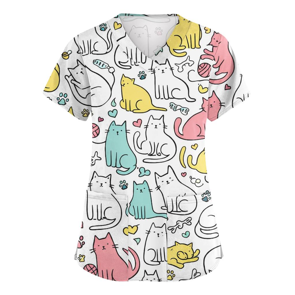 Women's Casual Short-Sleeve Cute Animal Print V-Neck Pocket Workwear Top