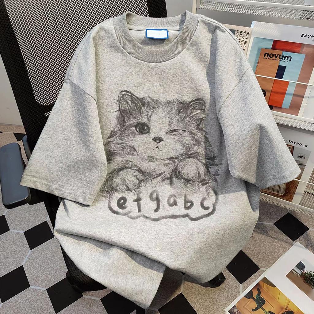 Cotton Cat Print Summer Short-sleeved T-shirt Women's Loose Casual and Thin Versatile Crew Neck Couple Heavy Ins