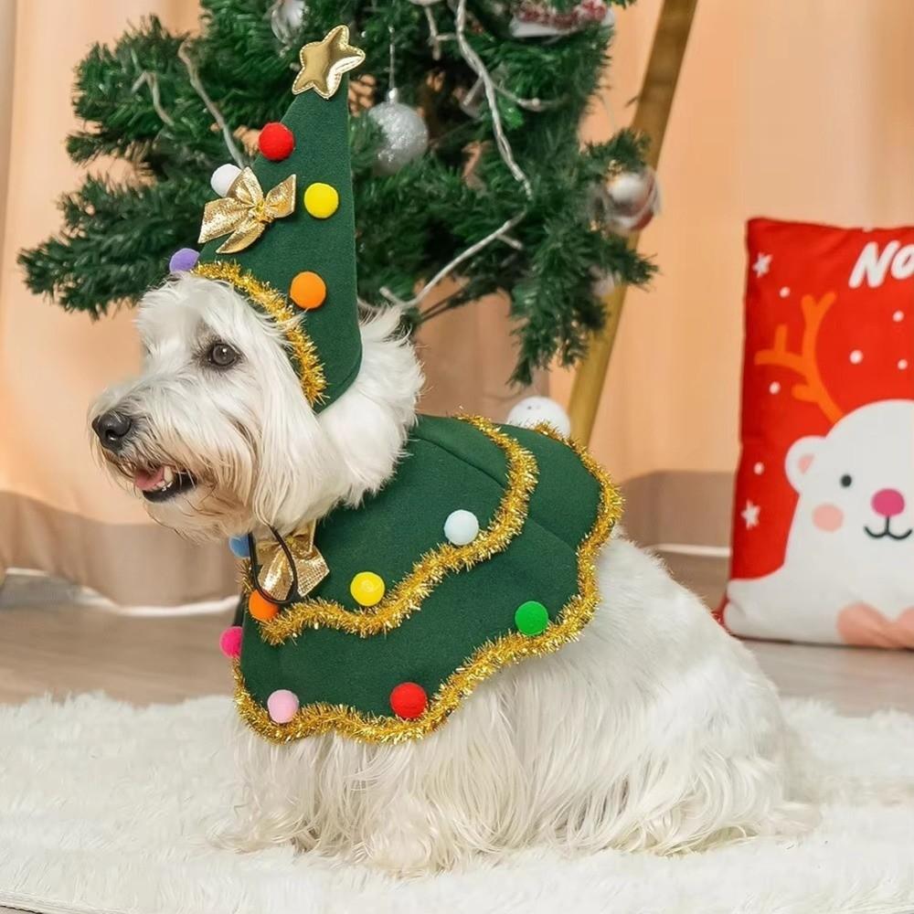 Cartoon Christmas Dog Cape Adjustable Polyester Dog Cosplay Dress Christmas Tree Design Unique Pet Christmas Clothing