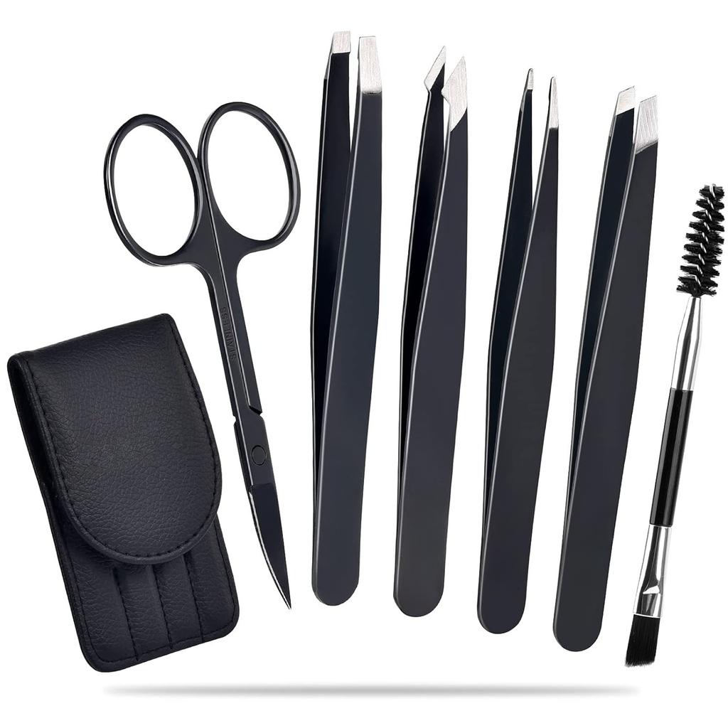 Professional Eyebrow Tweezers 6 Pcs Set  - Stainless Steel Tweezers & Curved Scissors for Precise Shaping with Case. Ideal for Ingrown Hair Removal.