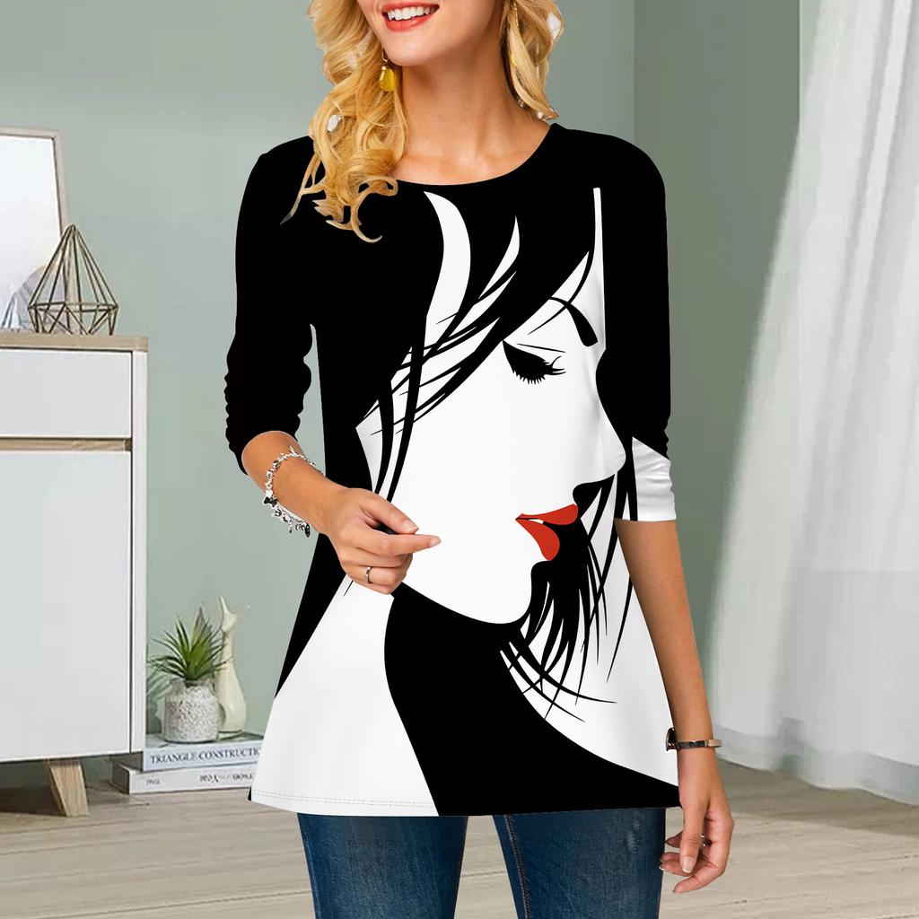 Plus Size Women Flower Face Recognition Print Round Neck Casual Loose Long Sleeve Top