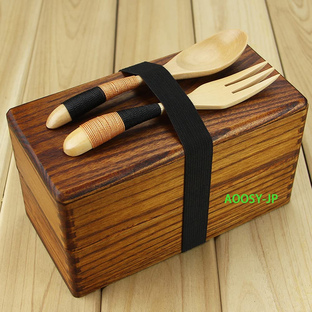 AOOSY Bento Square Lunch 800ml with Natural Lacquer Wooden Spoon and Handmade Large Capacity Lunch Box for Commuting and School Box, Two-Tier Box,
