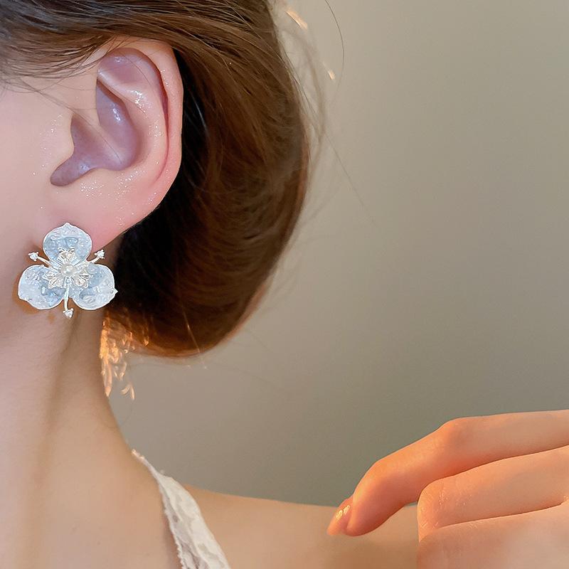 Korean Fashion Blue Butterfly Flower Earrings for Women Exquisite Elegant Pearl Stud Earring Wedding Party Luxury Jewelry Gift