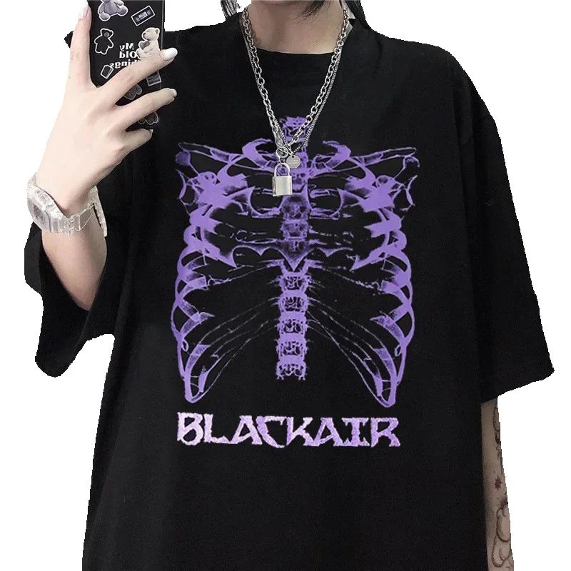 New Skull Printed Rib Jacket Version Loose Gothic Style Short Sleeve T-shirt Wholesale Women Tops Harajuku Fashion Summer