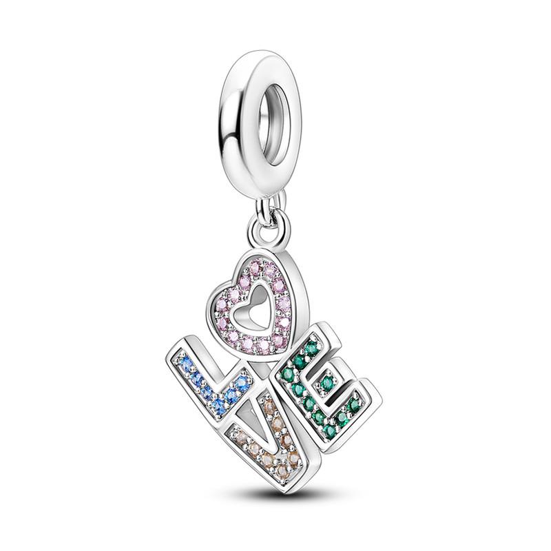 Multi Color Charms Fit Fashion Original Bracelets 925 Silver Colorful Zircon Rainbow Bead Love Heart Clip Charm DIY Jewelry