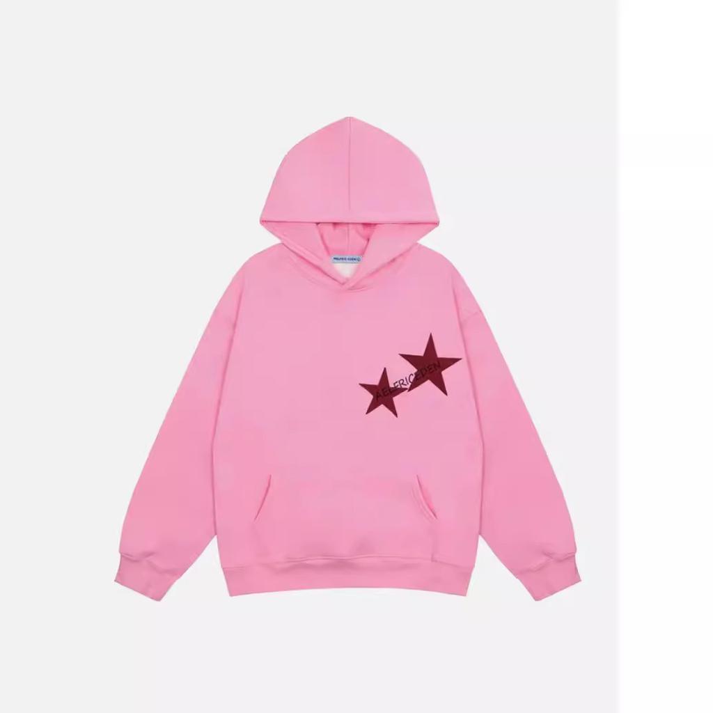 American trendy brand star print men's and women's hooded sweater oversize couple's top, with hat rope
