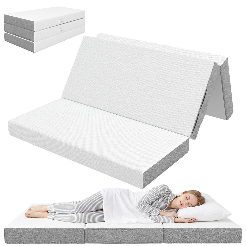 Folding Mattress, 3-Part, 140 x 190 x 15 cm, Gel Memory Foam Guest Mattress, White