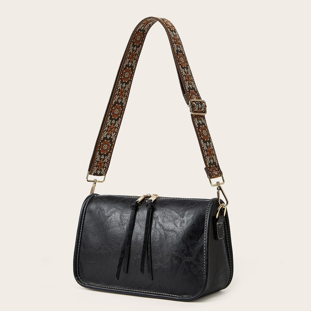 IELGY Ladies Messenger Bag Retro Solid Color Wide Shoulder Strap Handbag Bohemian Style