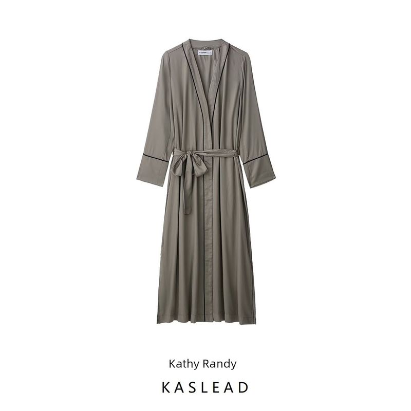 Kaslead New Women Clothes Western Style Fashion Simple Loose Satin Lace-up Long Sleeve Nightgown Dress
