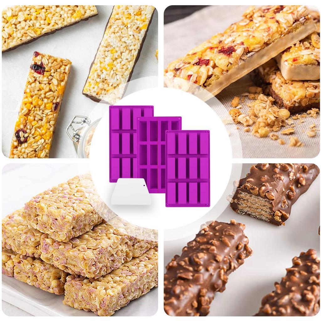 3-Piece Silicone Mold Set: 12 Cavities Non-Stick Flexible Material for Granola Bars - Versatile Baking Molds for Chocolate Protein Bars for Home