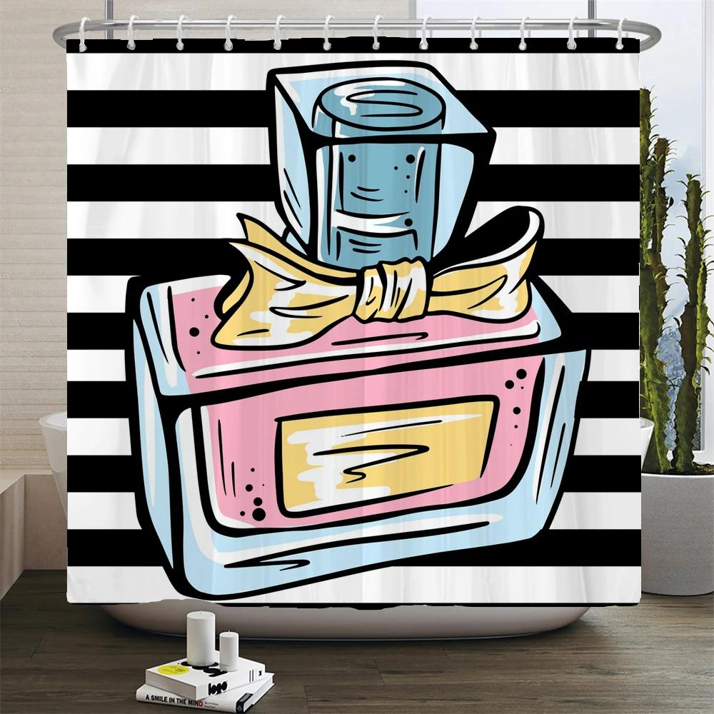 Perfume Bottle Flower Shower Curtain Set Black White Stripes Fashion Girl Woman Bathroom Decor Polyester Bath Curtains Hooks