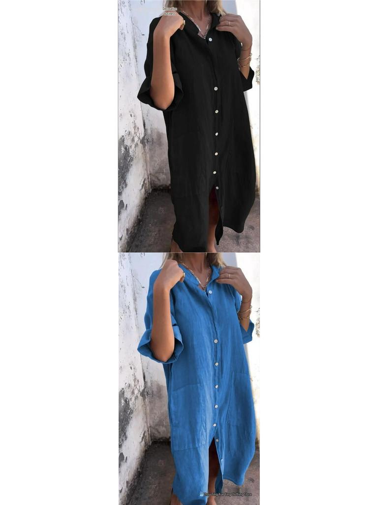 2026 Europäisches & Amerikanisches Frühling/Sommer Lockeres Casual Mittellanges Baumwoll-Leinen Hemdkleid für Damen