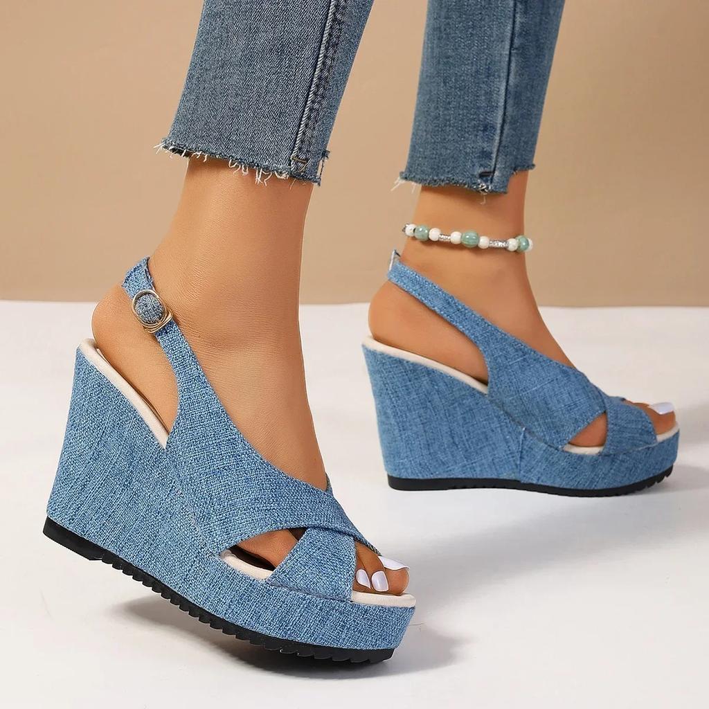 2024 NEW Shoes for Women Ankle Buckle Wedges Sandales Femmes Summer Denim Sandal Comfortable Thick Sole Sandalias Heels Women 43