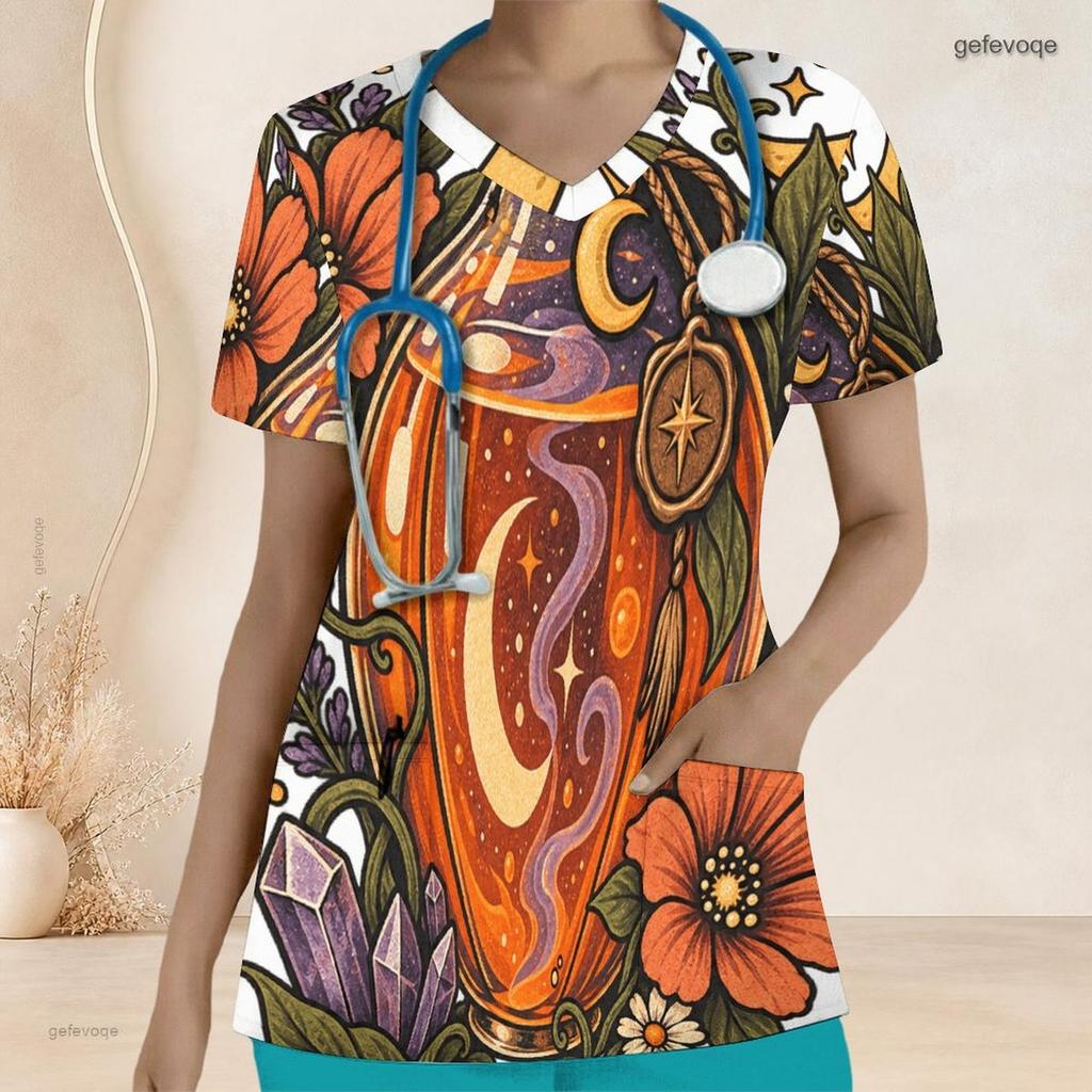 Women Plus Size Scrub Top V Neck Short Sleeve Mystical Potion Floral Printed With Front Pockets