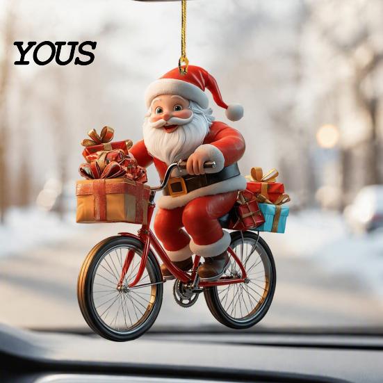 Small Festive Gift for Family 2Pcs Christmas Santa Riding Bicycle Acrylic Hanging Ornament, Car Exquisite Holiday Party Favors Interior Rearview