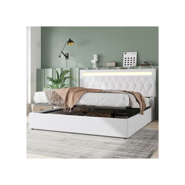 Lit - MUVOE - 180x200 Cm - Lumière D'ambiance LED - Télécommande - Port USB - Blanc