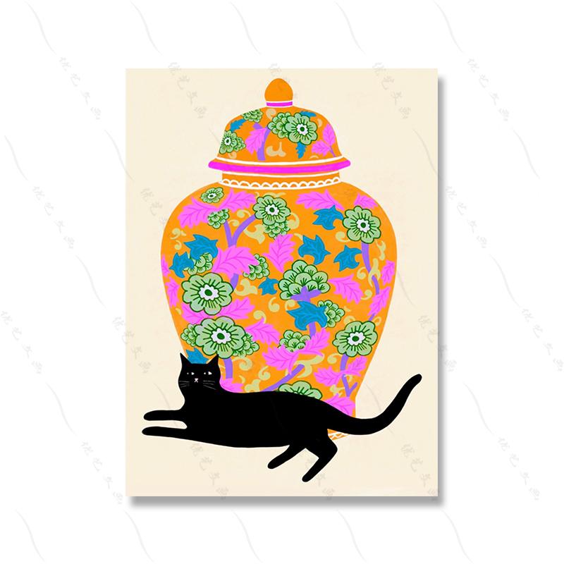 Retro Abstract Black Cat Vase Art Poster Print Pink Tulips Canvas Painting Colorful Pictures Living Kid Room Home Decor Murals