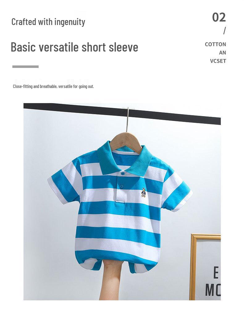Kids' Korean Striped Cotton Polo Shirt: Short-Sleeved T-Shirt for Boys, Sizes 0-16, Summer Children's Clothing