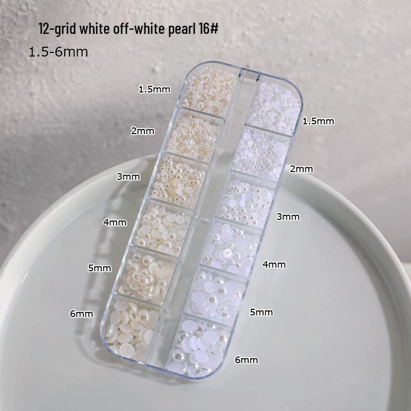 12-Grid Nail Art Pearls: Off-White Mixed Sizes, No Holes, Semi-Circular Boxed Decorations