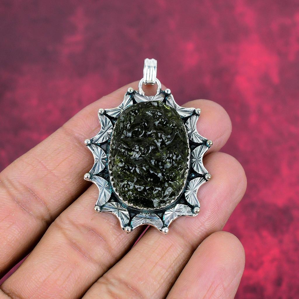 Pandantiv moldavit, bijuterii din argint solid 925, pandantiv cu pietre prețioase, cadou pentru bijuterii delicate realizate manual.