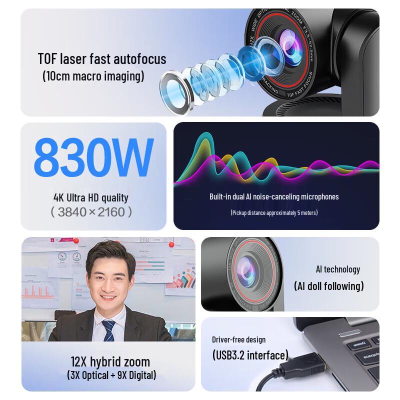 Aoni A3000Pro 4K AI Smart PTZ Webcam with Microphone