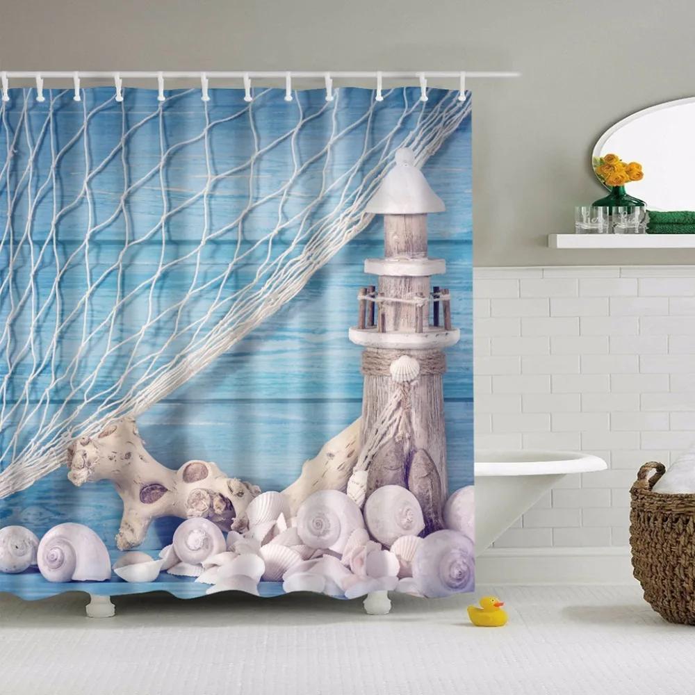 Küstenlandschaft Strand Muscheln Duschvorhänge Seestern Schneckenhaus Blaues Brett Palmen Sonnenuntergang Naturlandschaft Badezimmervorhang Dekor