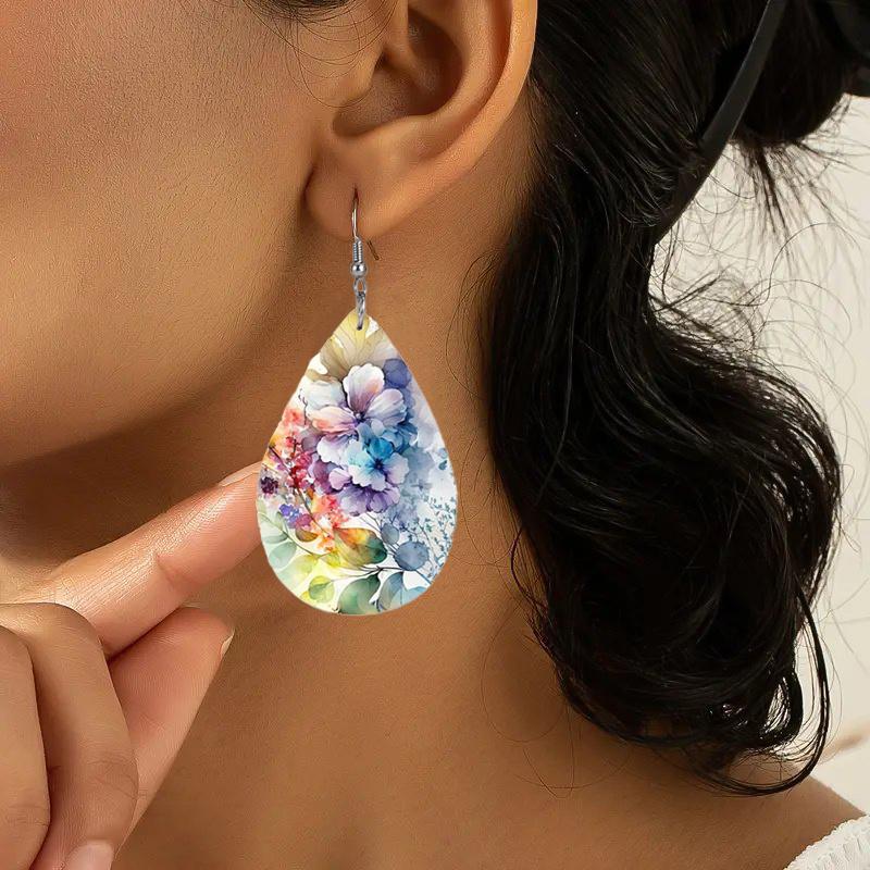 Colorful Flowers Branches Leaf Patterns PU Leather Earrings for Women Elegant Charming Earrings Jewelry Matching for Festivals, Banquets